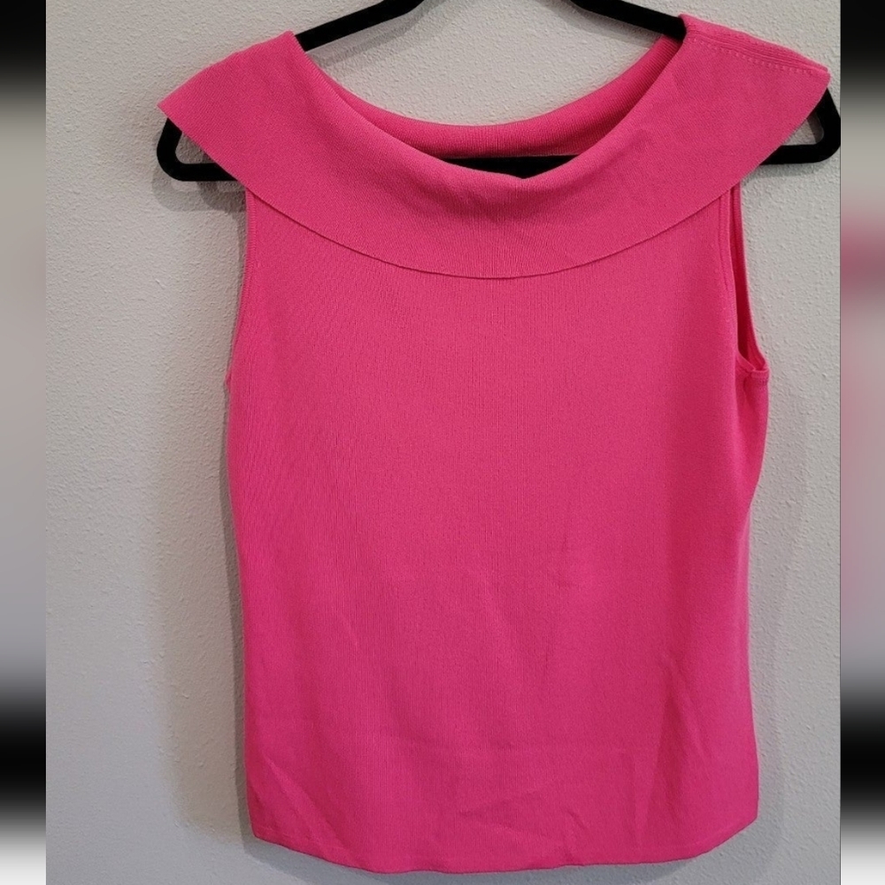 Bright Pink Sleeveless top knit top with Audrey Neckline. Womens size Lg.